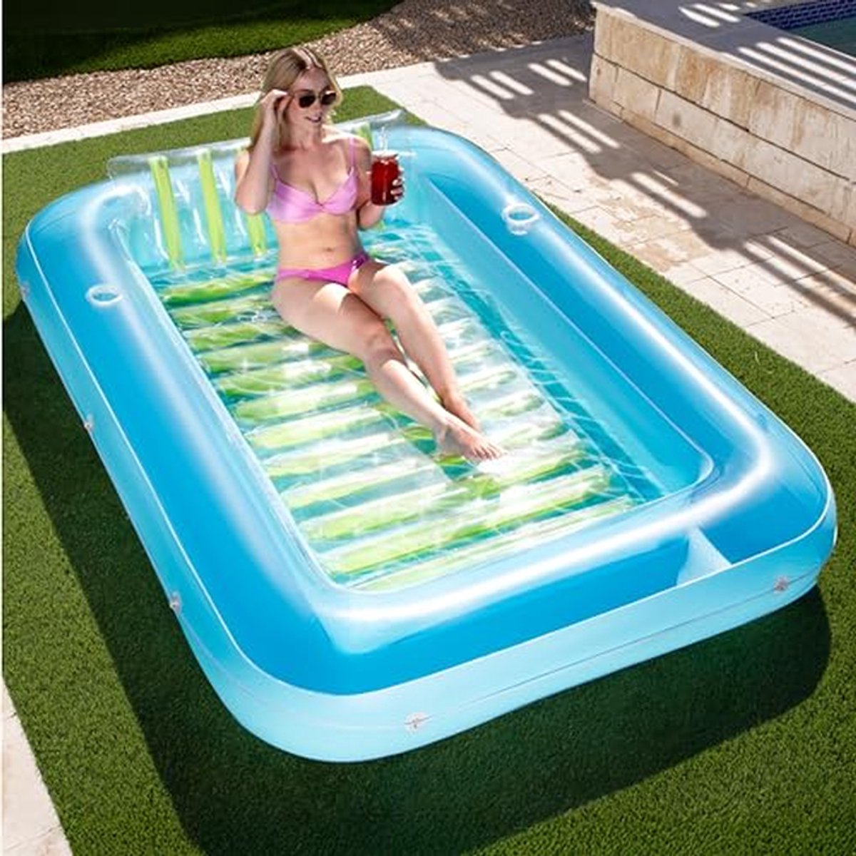 Opblaasbaar luchtbed - Drijvend ligbed - Zonnebaden in water - Met bekerhouders - 178 x 117 cm - Blauw