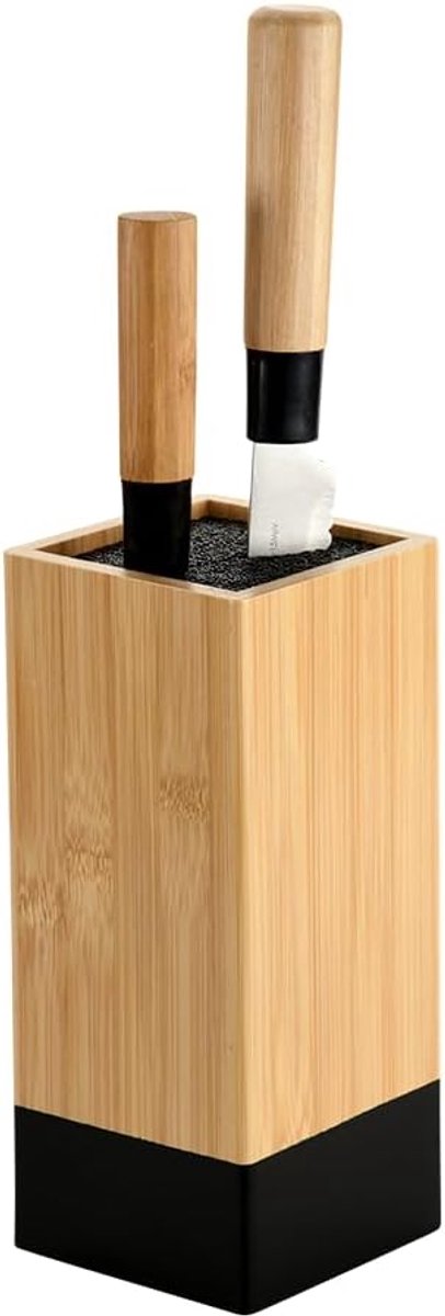 SnelShoppen - Messenblok Bamboe en Kunststof - 10x10 cm, Hoogte 23 cm, Bruin en Zwart - Keukenaccessoire voor Koken en Snijden