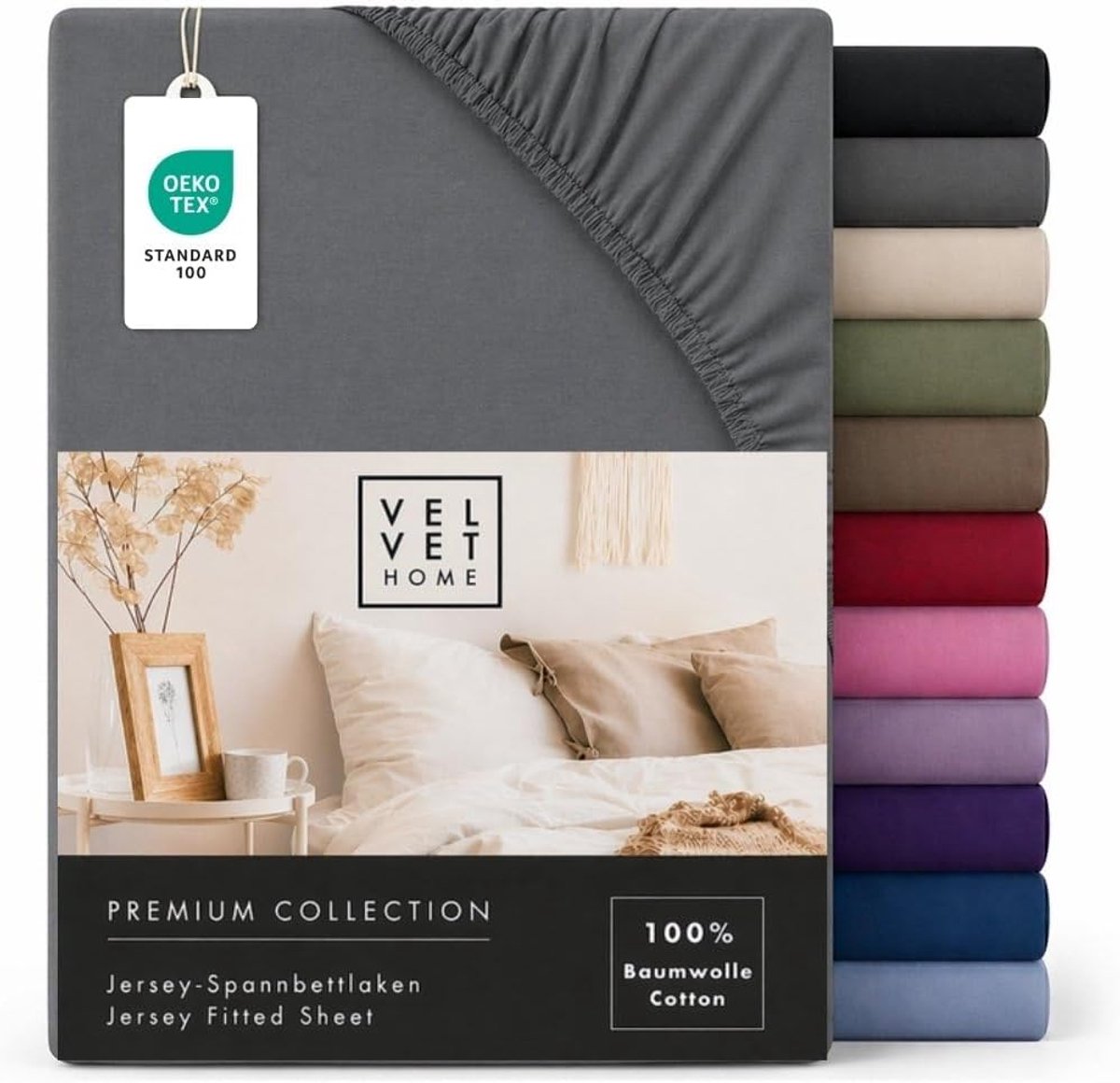 SnelShoppen - VelvetHome Hoeslaken 180 x 200 cm, 100% Gekamd Katoen Jersey Hoeslaken voor Matrassen tot 25 cm Hoogte, Oeko-Tex-gecertificeerd, Strijkv