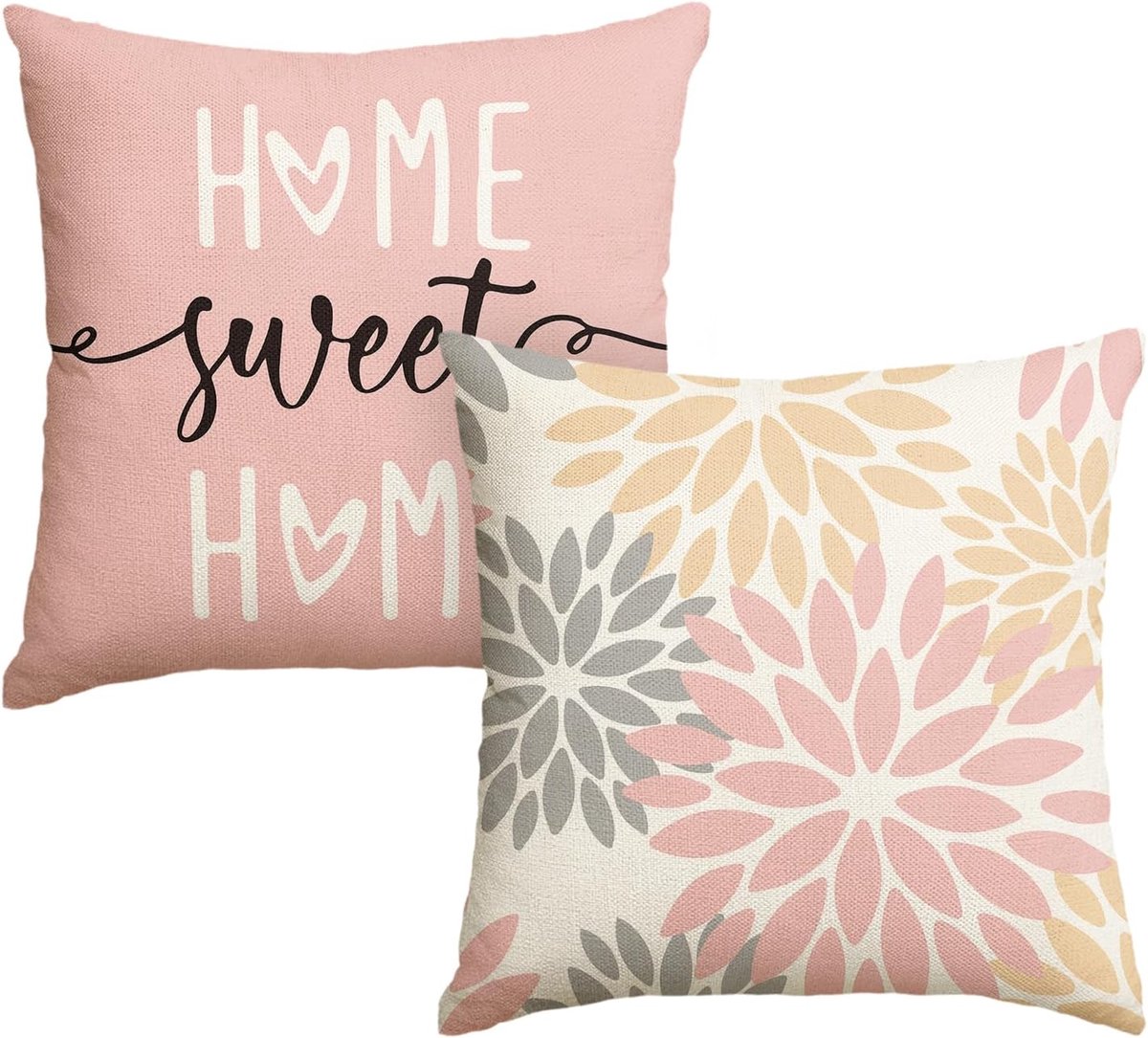 SnelShoppen - Set van 2 Decoratieve Kussenhoezen Roze Dahlia's 45 x 45 cm voor Bank Woonkamer Buiten Bloemen Kussens