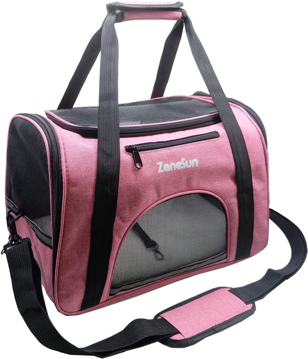 SnelShoppen - Zachte Draagtas voor Katten, Kittens, Honden, Puppy’s - Luchtvaartgoedkeur, Onbreekbaar, Ademend, 5 Netramen, Roze - Ideaal voor Reizen