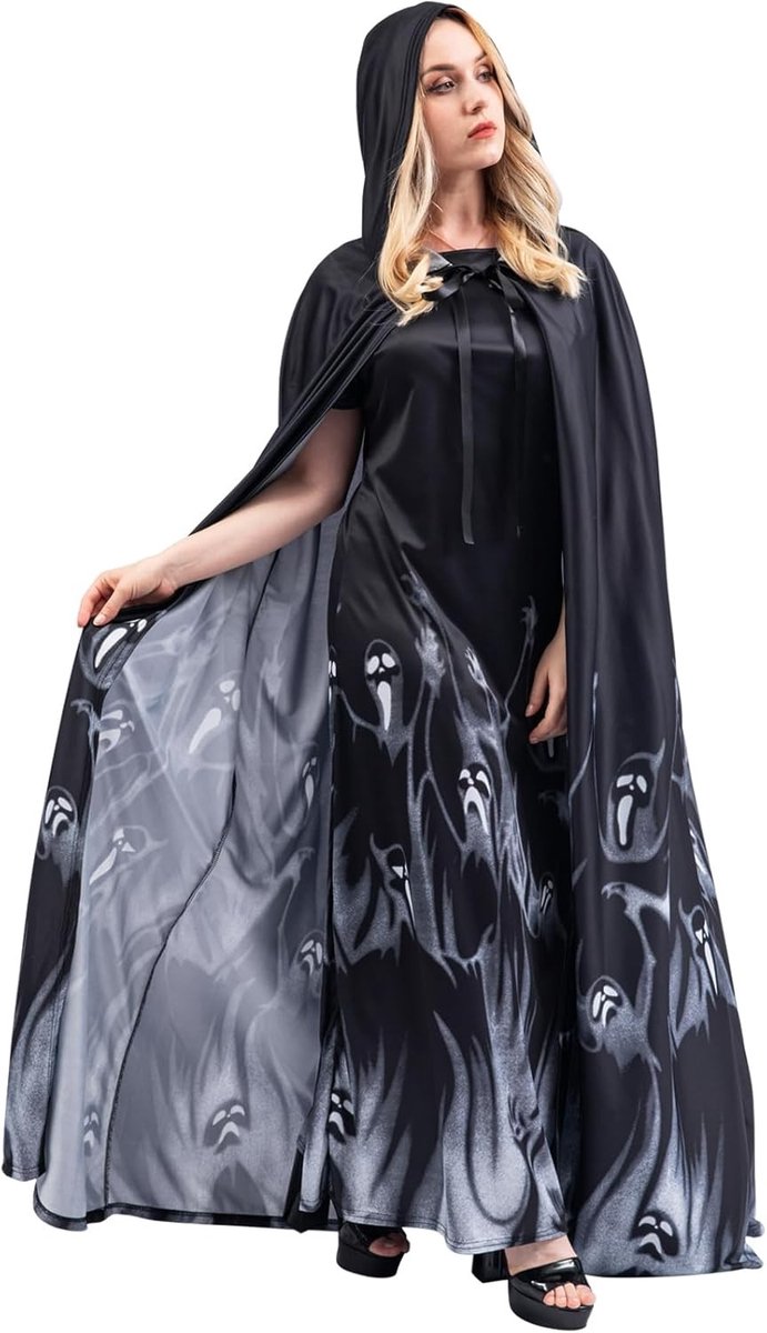 Spookachtige Halloween Kostuum voor Vrouwen, Lange Jurk met Kap, Perfect voor Cosplay, Feest en Middeleeuwse Thema's