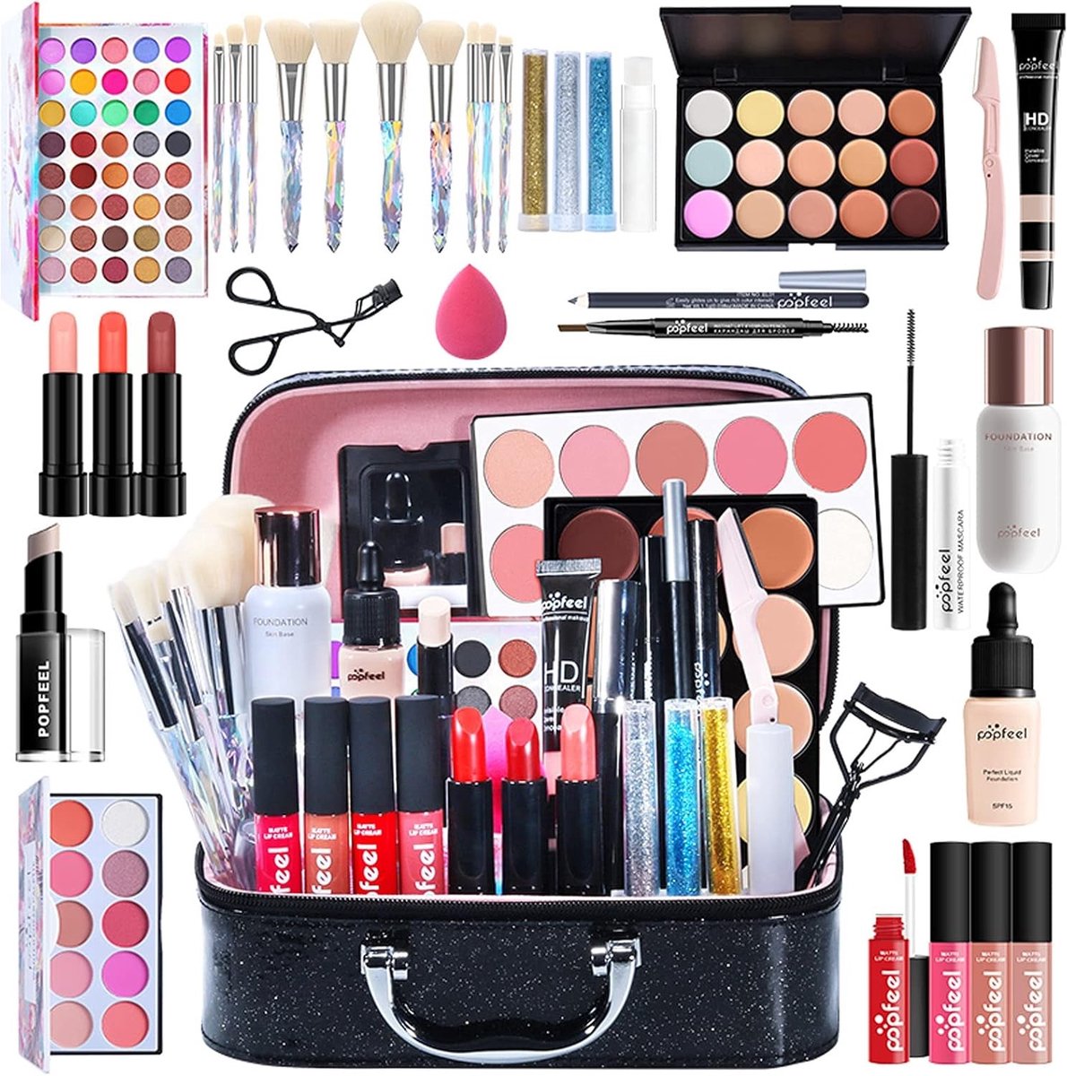 Complete Make-up Set voor Beginners met Make-up Tas, Inclusief Oogschaduw, Lipstick en Mascara voor Reizen en Feestdagen