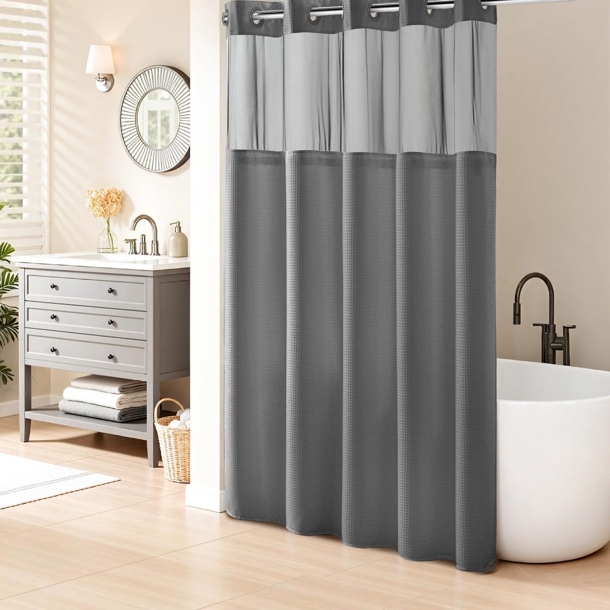 SnelShoppen - Geen haken vereist wafelweefsel douchegordijn met klikvoering - 71 W x 74 H, hotelkwaliteit, grijs, ideaal voor badkamer, spa, modern in