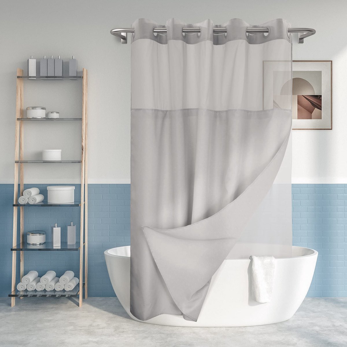 SnelShoppen - Douchegordijn zonder haak geweven met snap-in PEVA-voeringset 71 x 74 inch (72 inch) waterafstotend grijs hotelstijl met doorzichtig bov