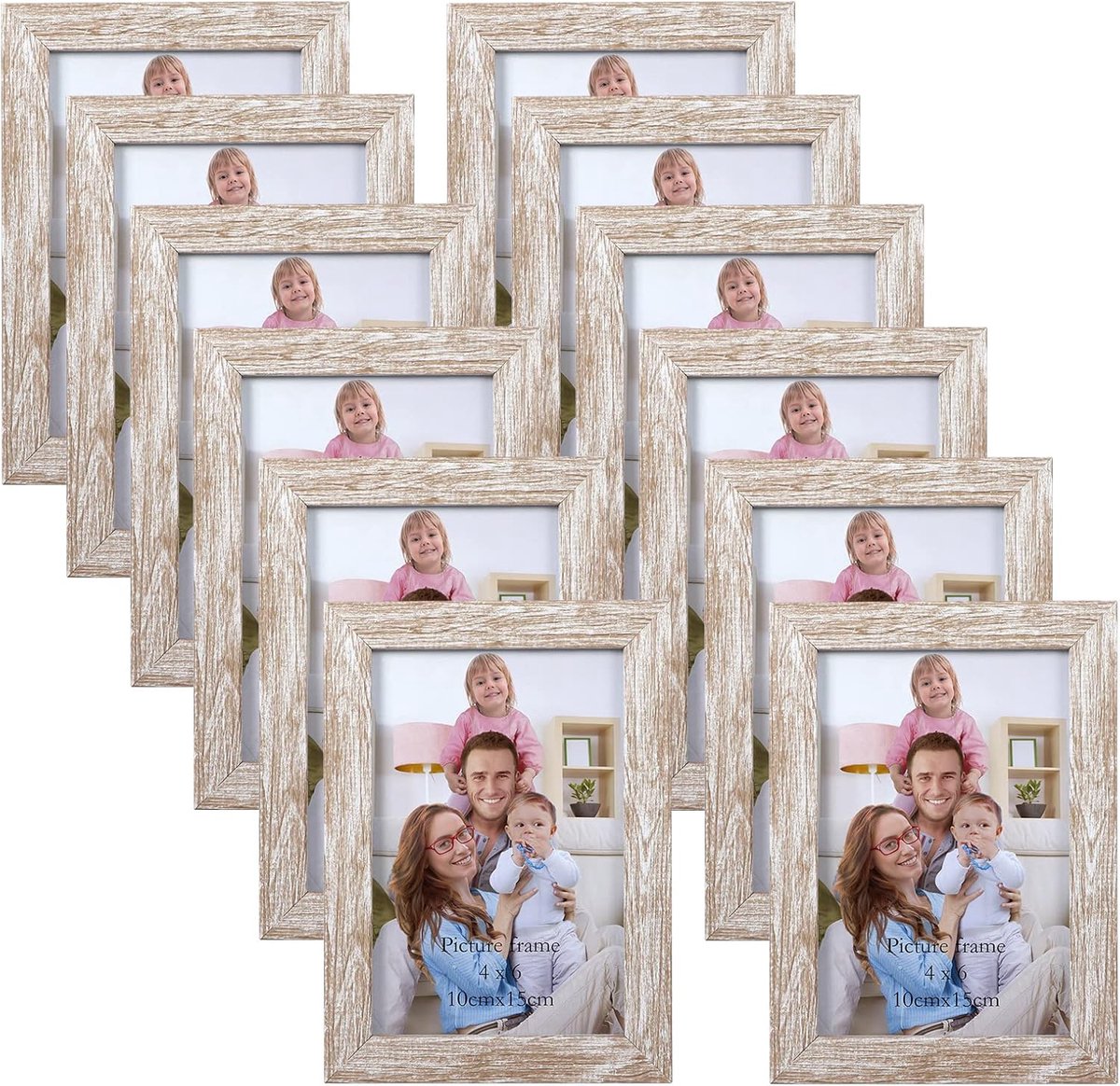 SnelShoppen - Set van 12 fotolijsten 10x15 cm moderne houtnerf beige collage wand- of tafellijst voor foto's en herinneringen