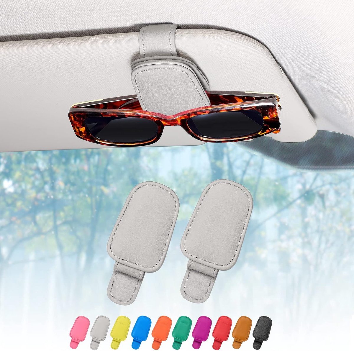 SnelShoppen - 2 Stuks Brillenhouders voor Autozonneklep - Echt Leer, Magnetische Zonnebrilhouder, Ticketclip, Grijs - Autovizier Accessoires voor Zonn