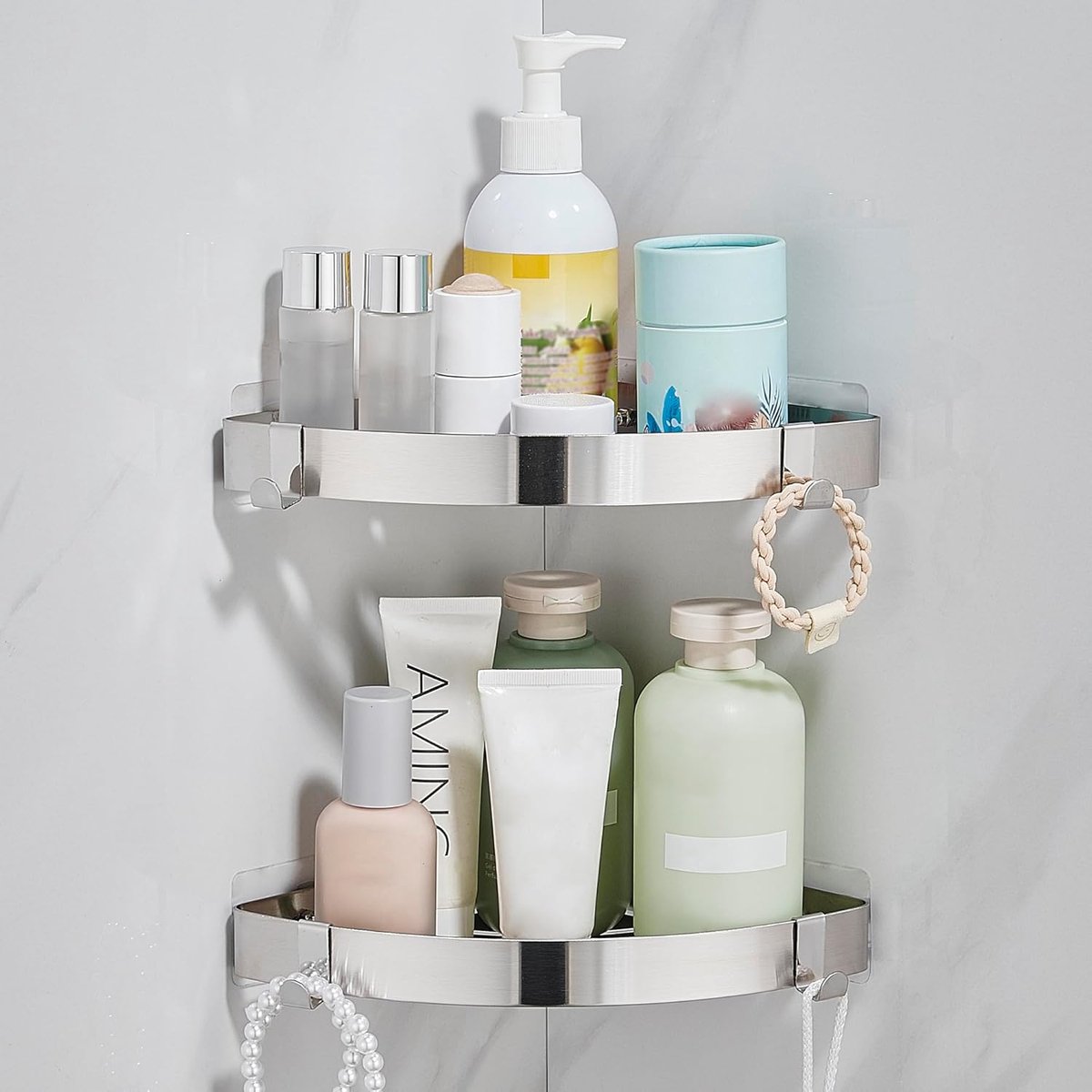 SnelShoppen - Doucheplank No Drilling Hoekplank Douche Rek RVS Accessoires Badkamer Rek 2 Stuks Geborsteld Zilver - Roestvrij Staal, Makkelijk te Inst