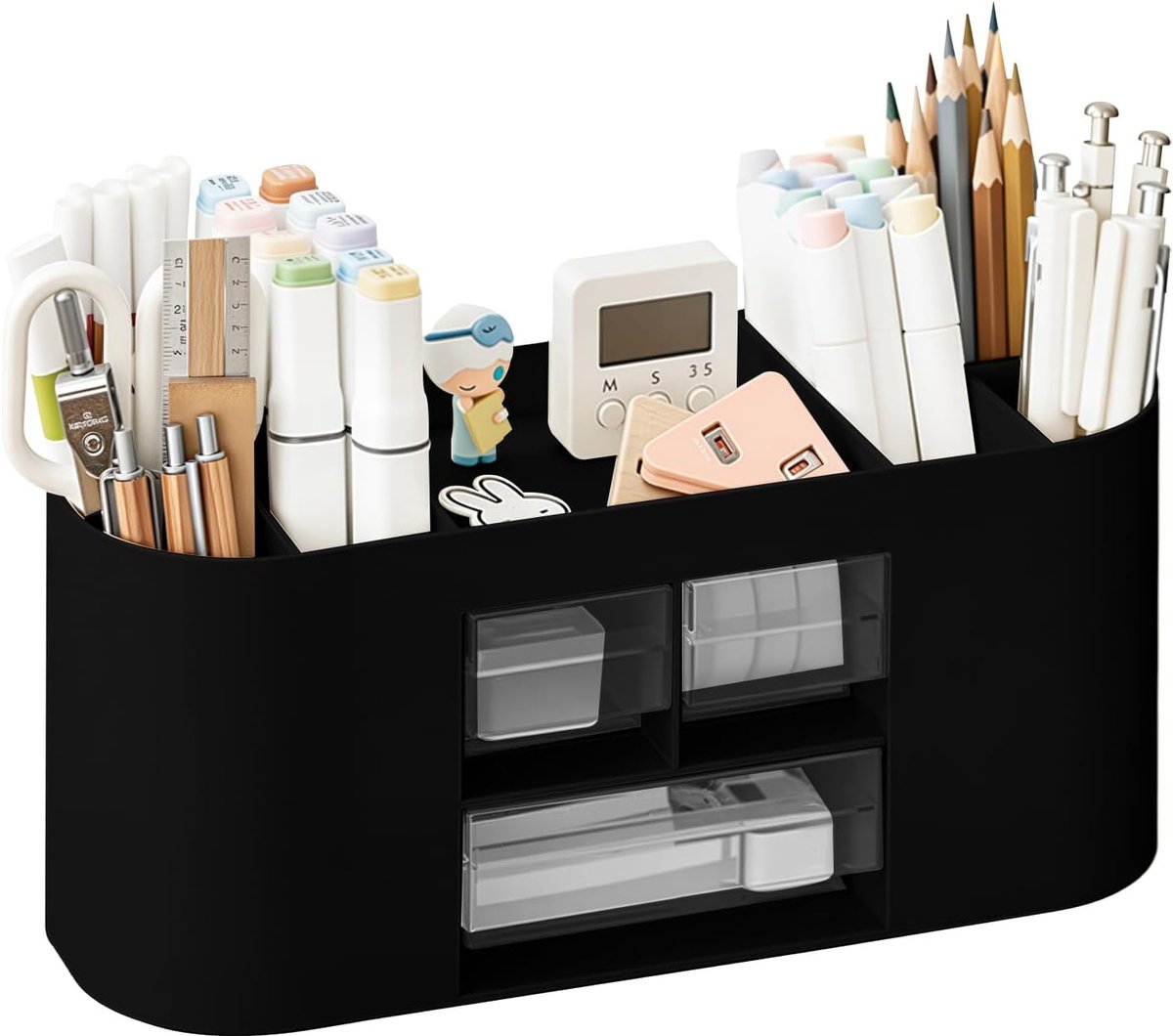 SnelShoppen - Pennenhouder opbergdoos zwarte bureau-organizer met 10 vakken, grote capaciteit, dubbellaagse transparante lade voor potloden, kleurpotl