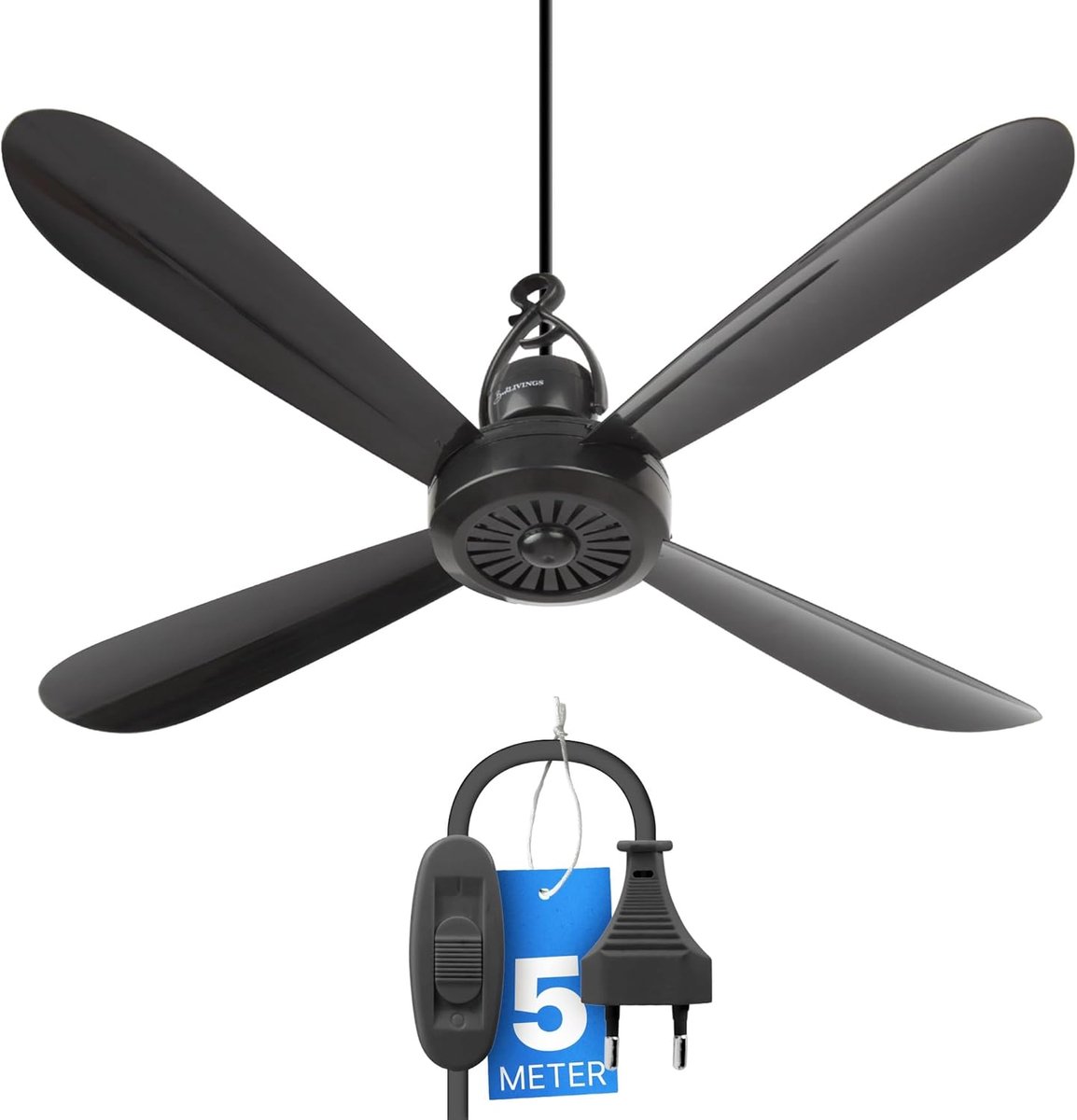SnelShoppen - Mobiele plafondventilator zwart met 5 m XXL kabel, stekker en schakelaar - 220V-240V / 5 watt, Ø 40 cm voor tuin, keuken en camping