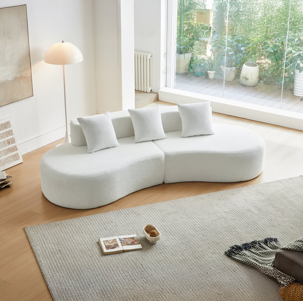 OKWISH Hoekbank 277 x 103 x 68 cm - 3-Zits Gebogen Design met Kussens - Modulaire Zitbank voor Woonkamer of Appartement - Fluweel - Wit