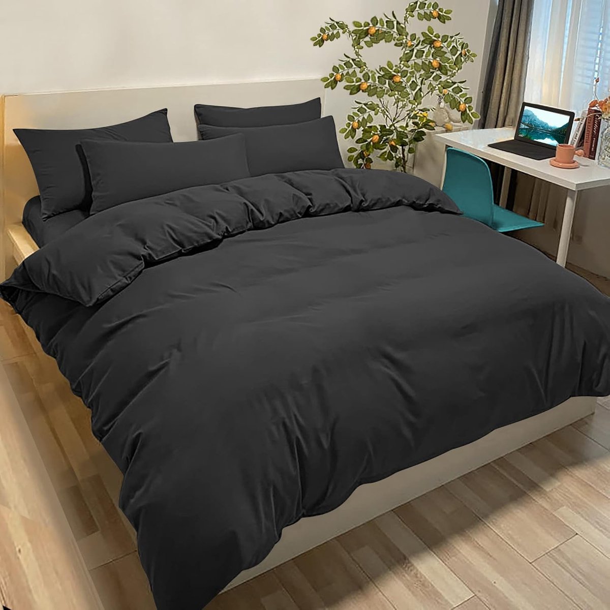 SnelShoppen - Poligino Dekbedovertrek 200 x 200 cm met 2 Kussenslopen 65 x 65 cm - Zwart Microvezel Beddengoedset voor Tweepersoonsbed - Comfortabel e
