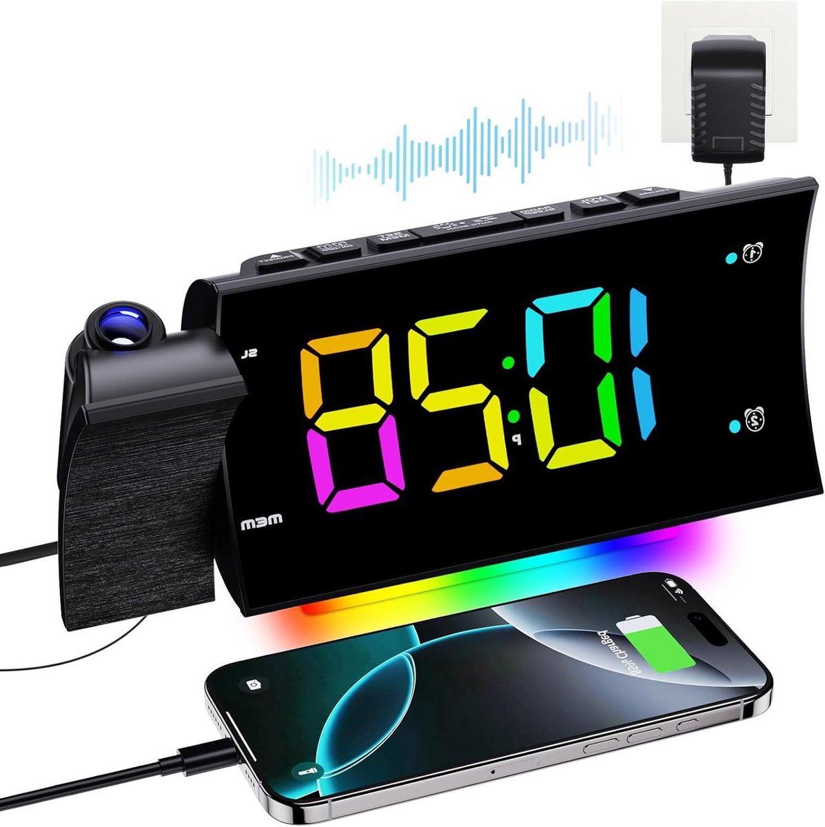 Wekkerradio Plafondprojector - Digitale Klok - Tijd Projecteren - Dubbel Alarm - 21 cm - Zilver