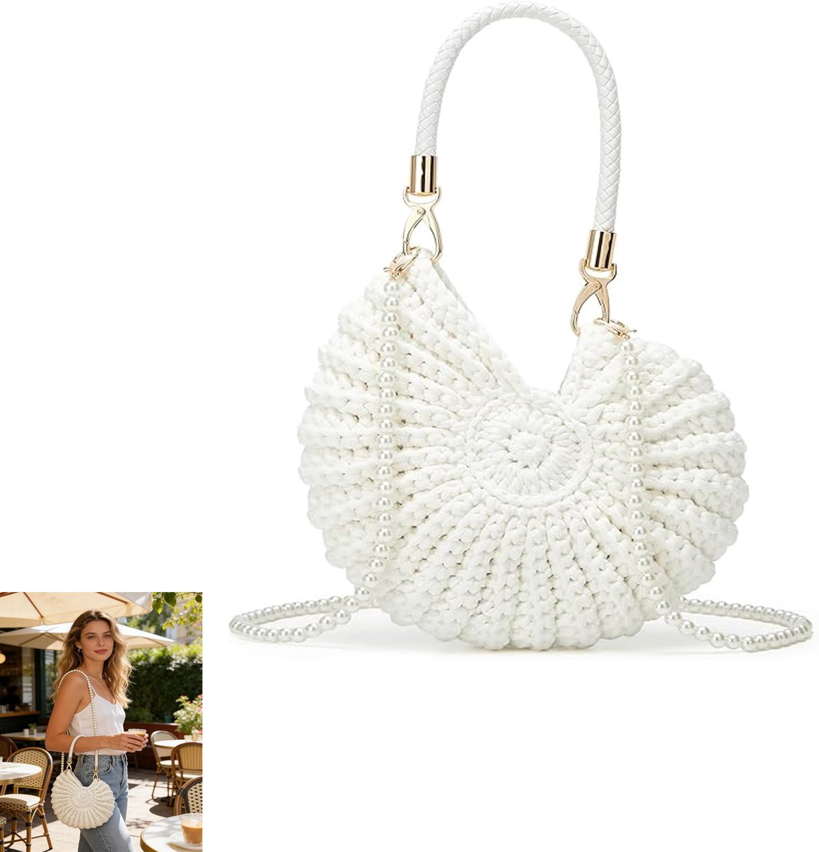 KZQ Gehaakte bohemian avondtas met schelpmotief - Zomer clutch en crossbody voor dames - Geschikt voor strand en feestelijke gelegenheden - wit