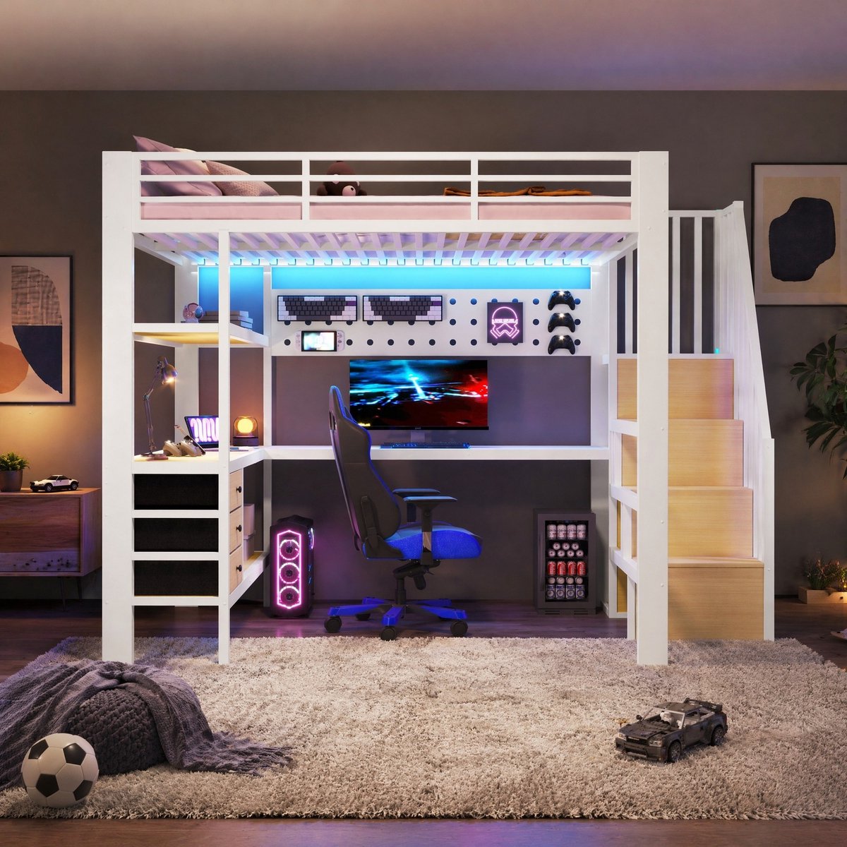 DESMIU Hoogslaper 140x200 cm – Met Bureau, Ledverlichting En Stopcontact – Met Opbergruimte, Lades En Trap – Zonder Matras – Metaal En MDF – Wit