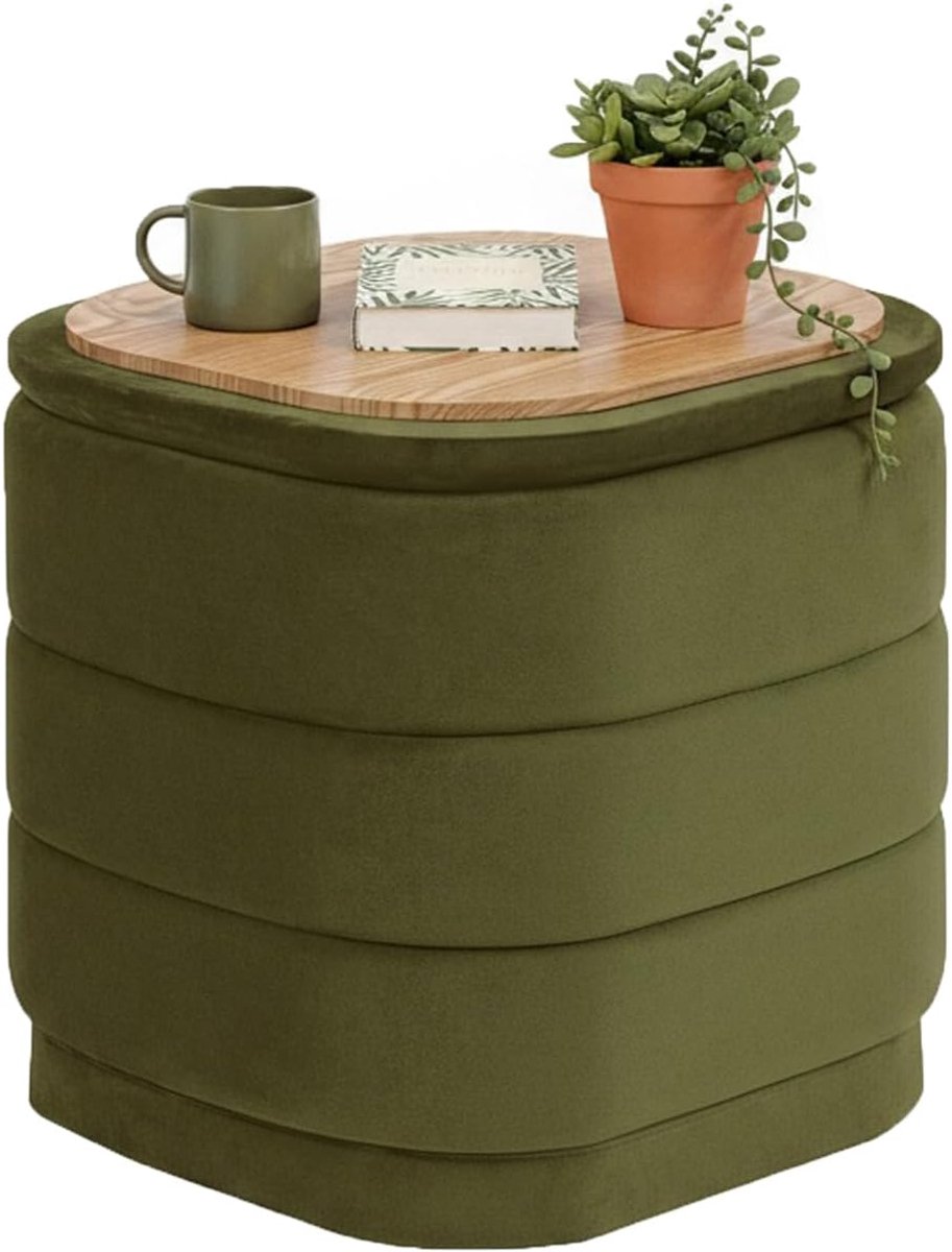 SnelShoppen - Bonlife Poef met Opbergruimte | Opvouwbare Voetensteun en Tafel | Fluweel in Olijfgroen | 38x38x38 cm voor Woonkamer, Slaapkamer, Hal