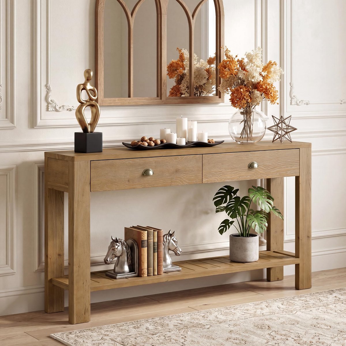 LITTLE TREE Consoletafel - Sidetable - Massief hout - Lichtbruin - Boerderijstijl - 140 x 30 x 80 cm - Met 2 laden en open opbergplank voor entree, woonkamer en hal