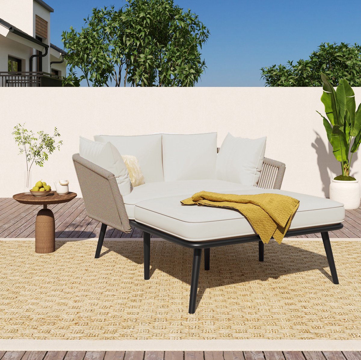 COVREO Ligbed 130x120 cm khaki, stalen frame met afneembare kussens