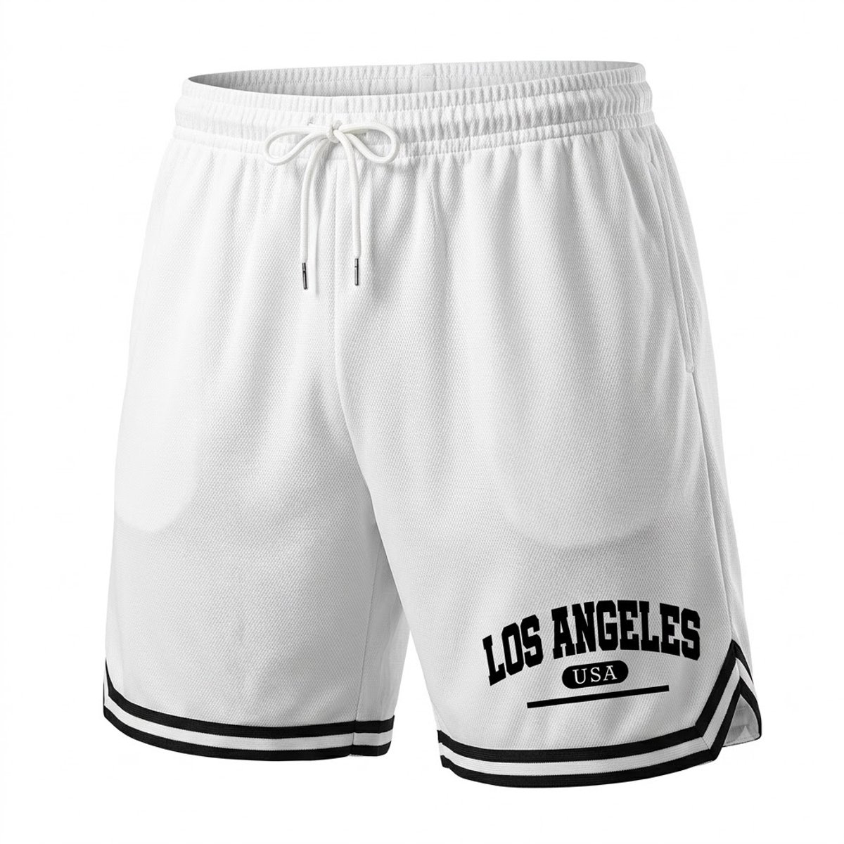 Witte heren basketbalshort maat M – sport short met elastische taille, verstelbaar trekkoord, LOS ANGELES print, ruimvallende pasvorm, lichtgewicht korte broek voor hardlopen, sport, training en streetwear