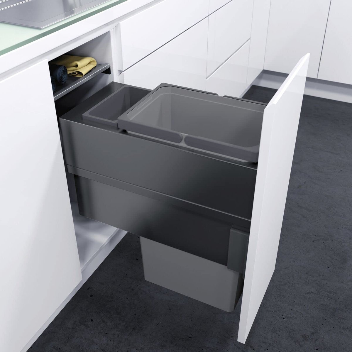 SnelShoppen - Inbouw Vuilnisemmer 32L Met Demping en Zelfsluitend, Ruimtebesparende Afvalbak voor Keuken Onderkast, Kunststof/Staal, Lavagrijs, 300mm
