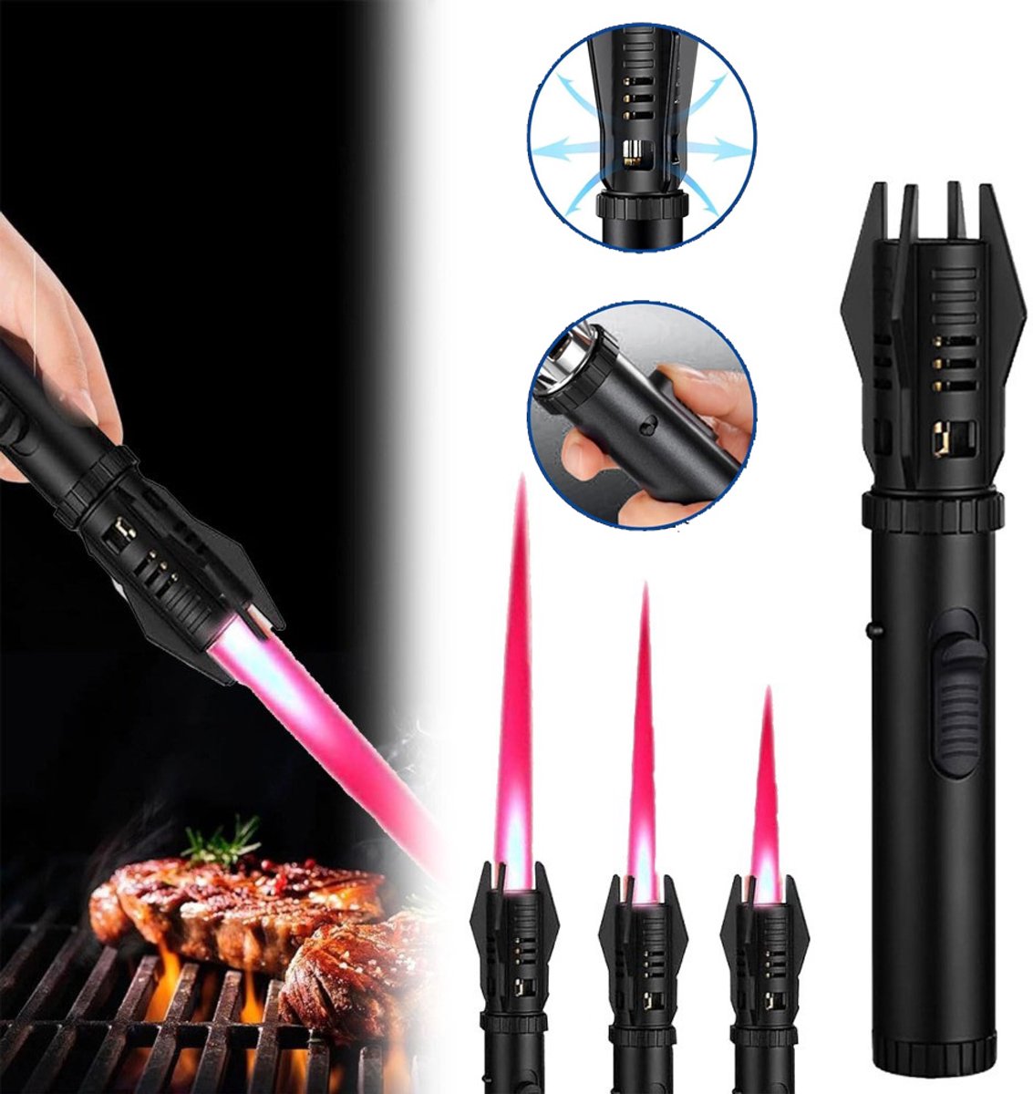 Winddichte Aansteker Lightsaber Opblaasbaar Ontwerp Met Veiligheidsschakelaar - Elektronische Ontsteking Verstelbare Vlam Keramisch Mondstuk - Voor Barbecue, Kamperen En Verkenning Van De Wildernis - Zwart