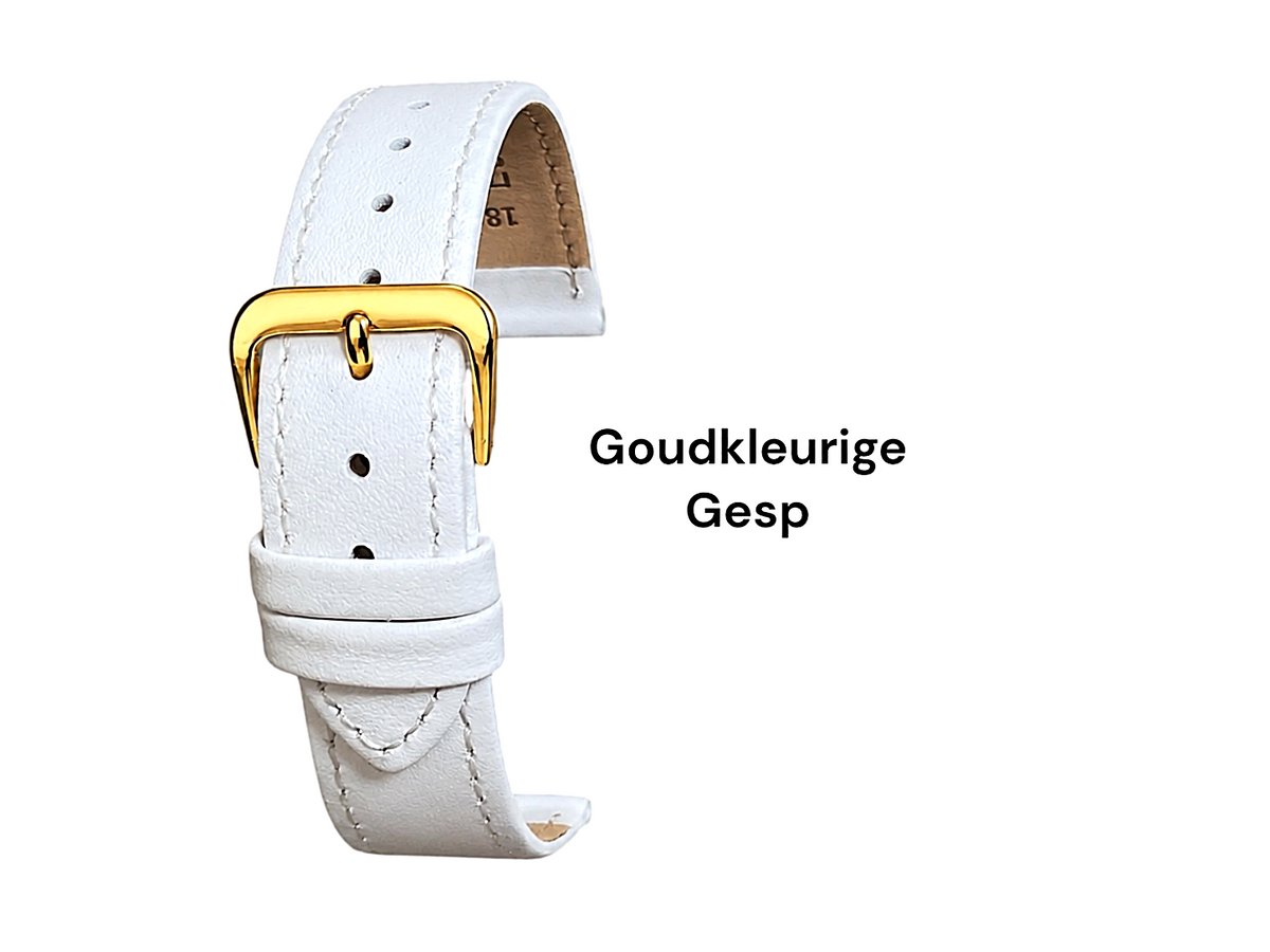 Horlogeband-Horlogebandje-20mm-Wit-Echt leder-Mat-leer-Plat-Zacht-Soepel-Gestikt-Goudkleurige Gesp-20 mm