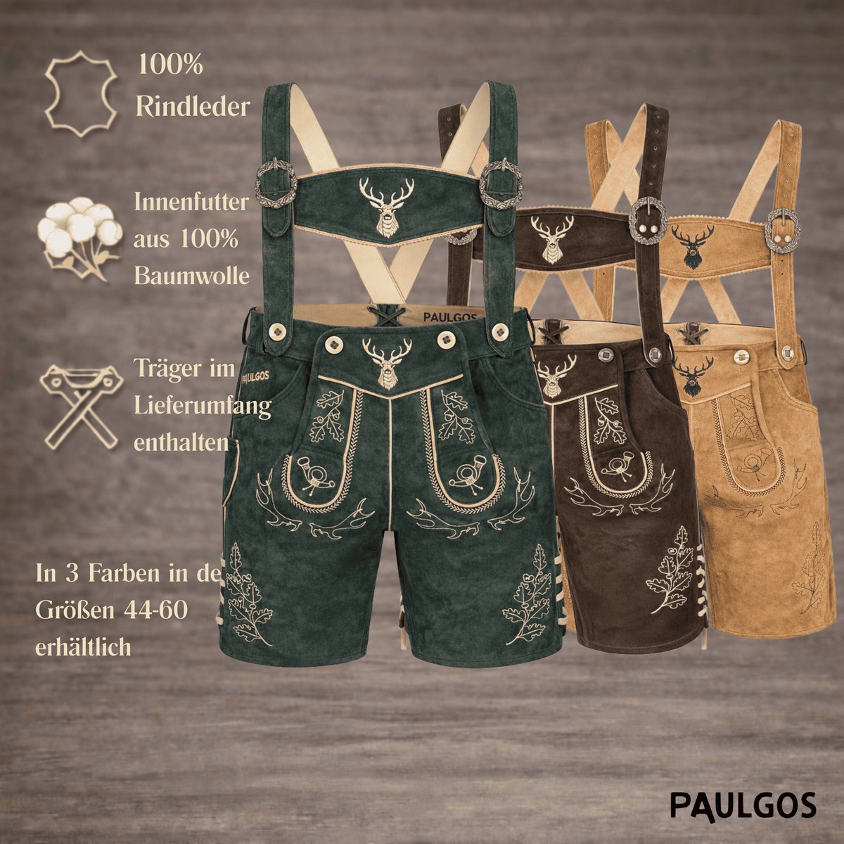 PAULGOS Heren traditionele leren broek kort - HK5 - Echt leer - Verkrijgbaar in 3 kleuren - Maat 44 - 60