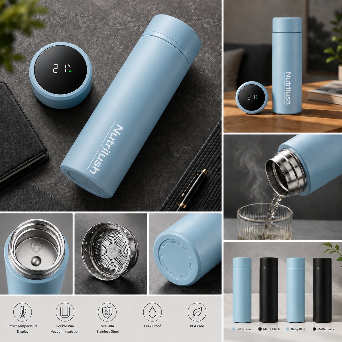 Nutrilush.Co Smart Travel Thermosfles 500 ml – RVS Vacuüm Geïsoleerde Drinkfles – Dubbelwandig en Lekvrij – Babyblauw