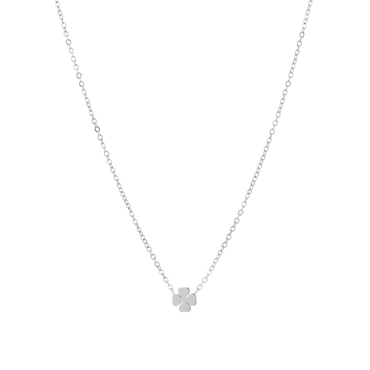 Dames Ketting met Klavertje Hanger - Fijne Schakelketting - Klaver Vier - Stainless Steel / RVS - 40 cm (+5 cm) - Zilver