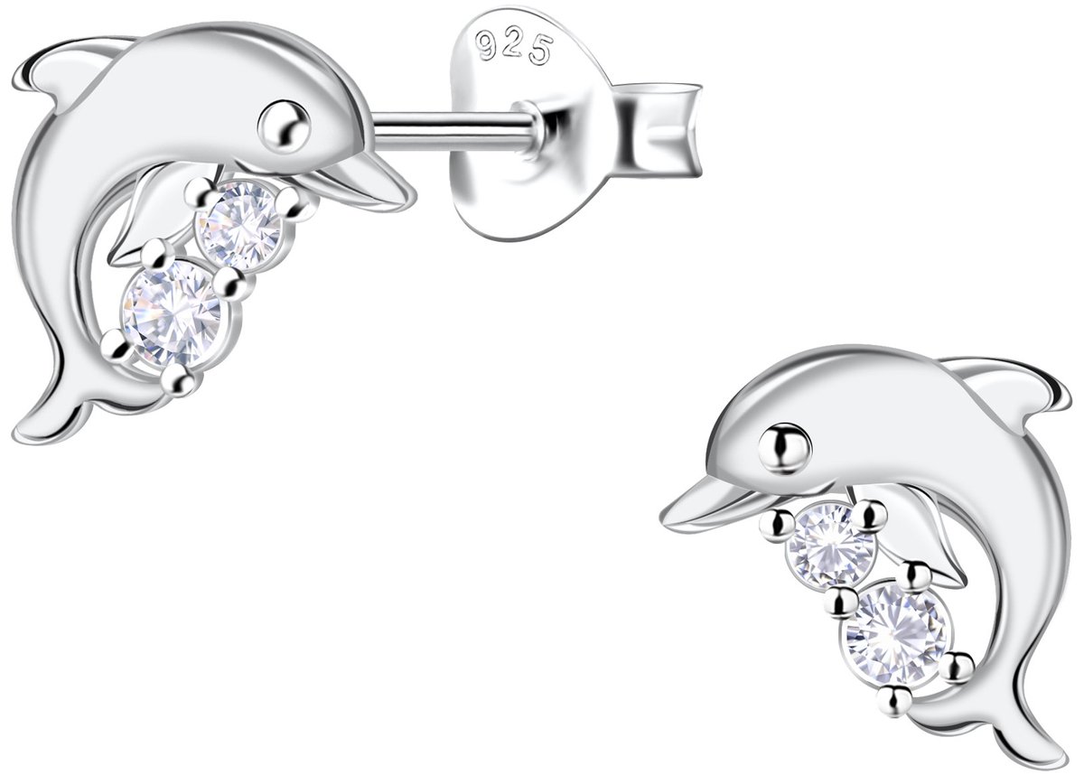 Joy|S - Zilveren dolfijn oorbellen - 10 x 8 mm - zirkonia - gepolijst - sterling zilver 925 - dolfijn - vis - zeedier / oceaan oorknoppen