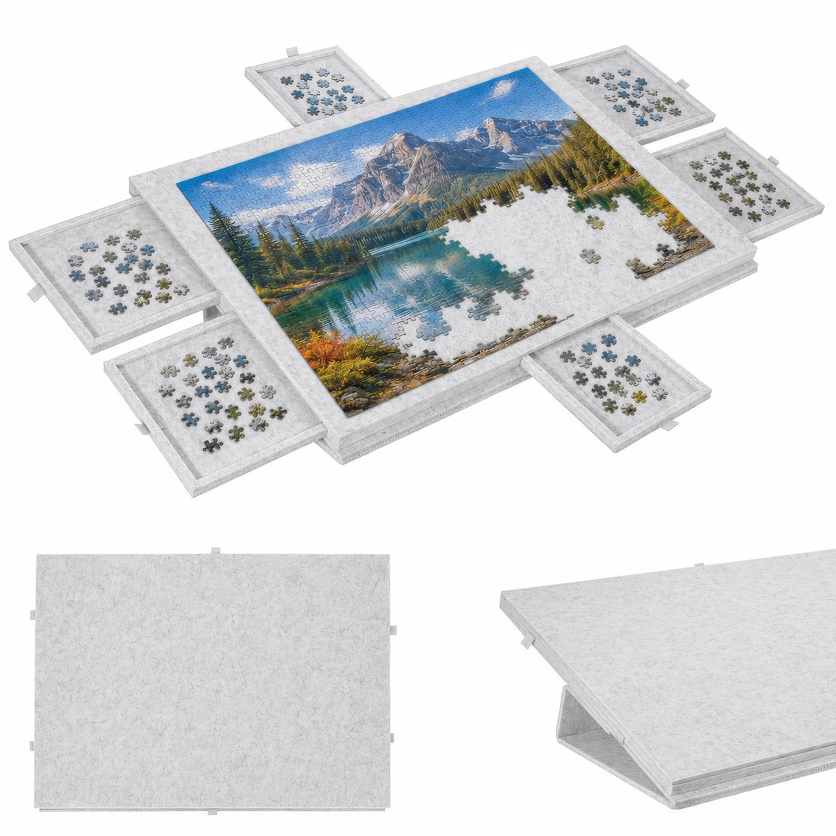 Puzzelbord - Vilten Puzzelmat, Puzzelplaat en Organizer met Lades - voor Puzzels tot 1000 Stukjes 77x53,6x4,2 cm - Zilvergrijs - Lemonmax