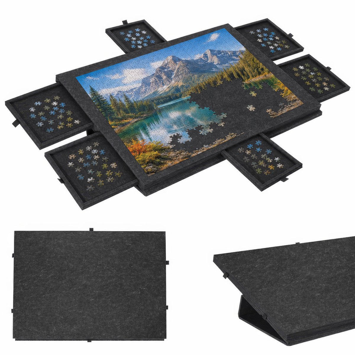 Puzzelbord - Vilten Puzzelmat, Puzzelplaat en Organizer met Lades - voor Puzzels tot 1000 Stukjes 77x53,6x4,2 cm - Donkergrijs - Lemonmax