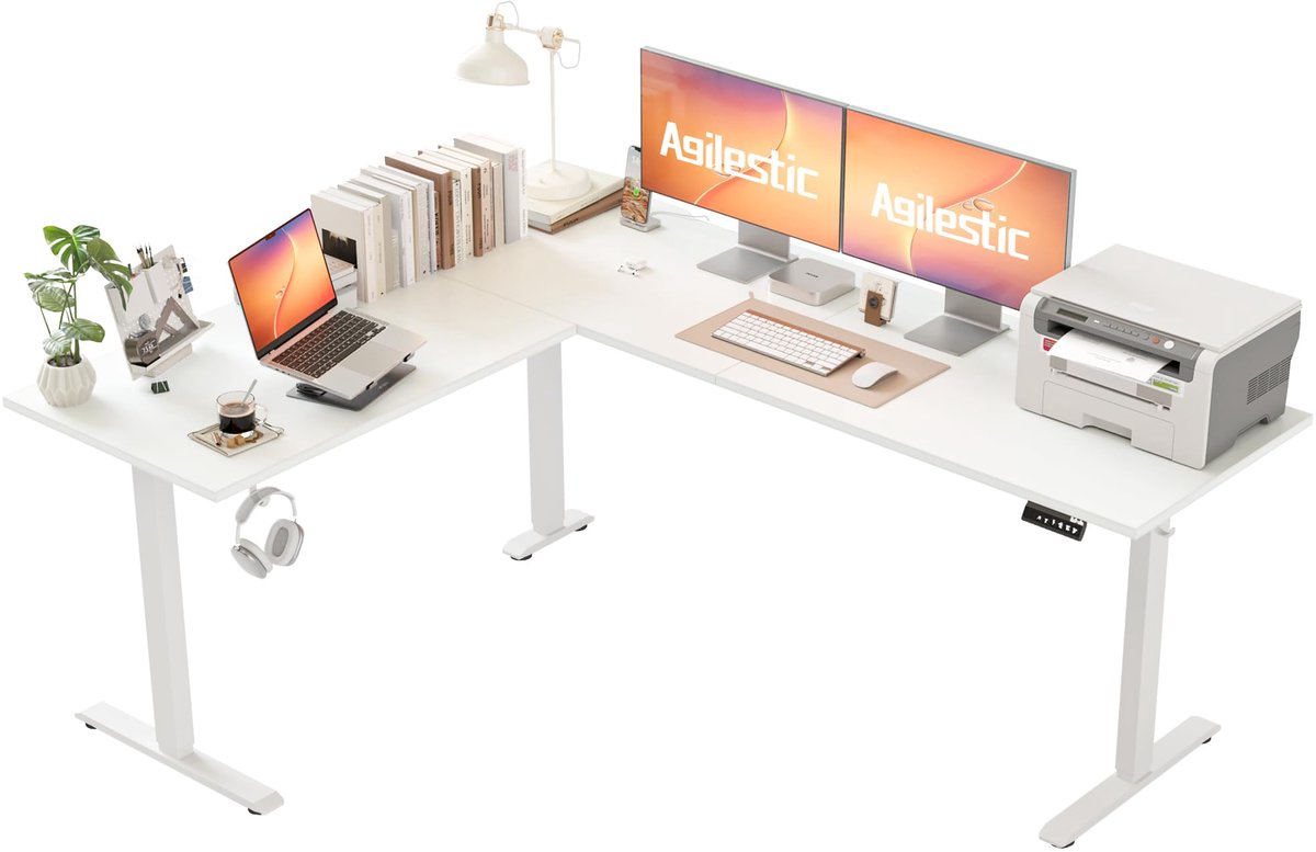 SnelShoppen - Agilestic L-vormig in hoogte verstelbaar bureau 190 x 155 cm, elektrisch verstelbaar hoekbureau ergonomisch zit-sta tafel computerbureau