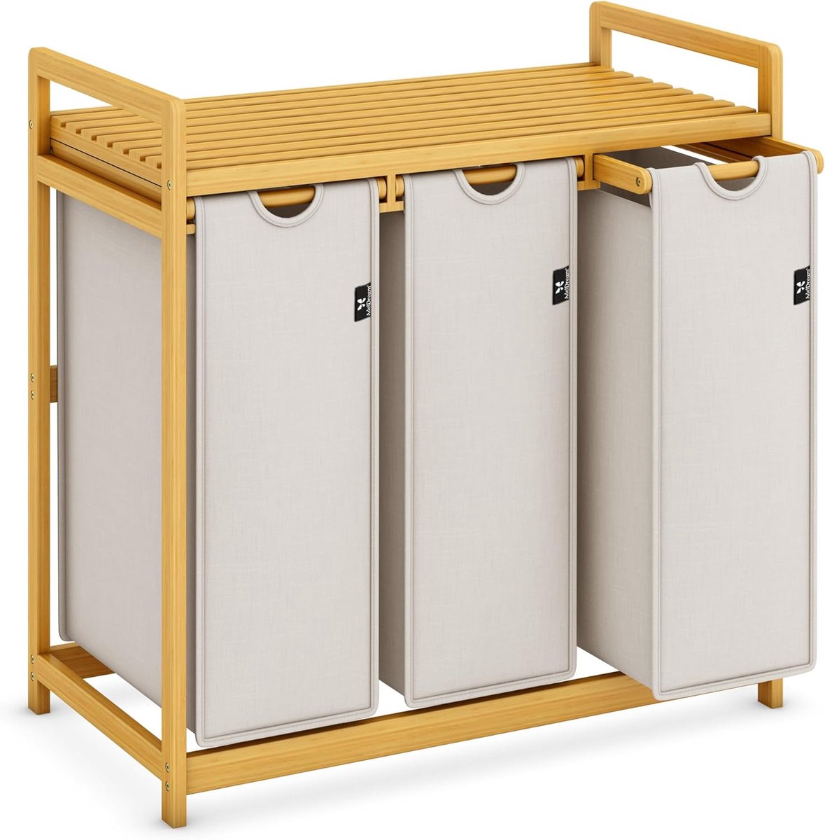 SnelShoppen - Wasmand met Bamboe Frame 150 Liter, 3 Vakken voor Wasgoed, Ruimtebesparend en Stijlvol, Perfect voor Thuis, Woonkamer, Badkamer en Kamer