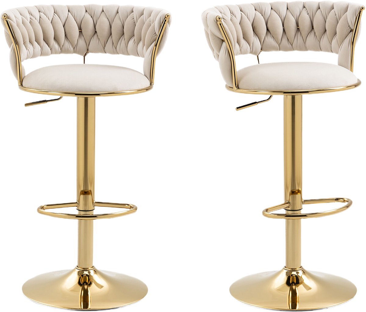 Fluwelen barkruk - Verstelbare barkruk - Draaibare barkruk-Keukeneiland stoel – Ergonomisch – Gouden poten – Rugleuning - Voetensteun - Keuken - 60-79,5cm- Set van 2-Goud