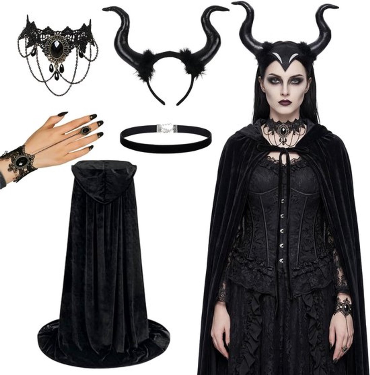 Maleficent Kostuum voor Vrouwen met Rogue Hoorns - Vampier Kostuum voor Carnaval en Cosplay Feestjes
