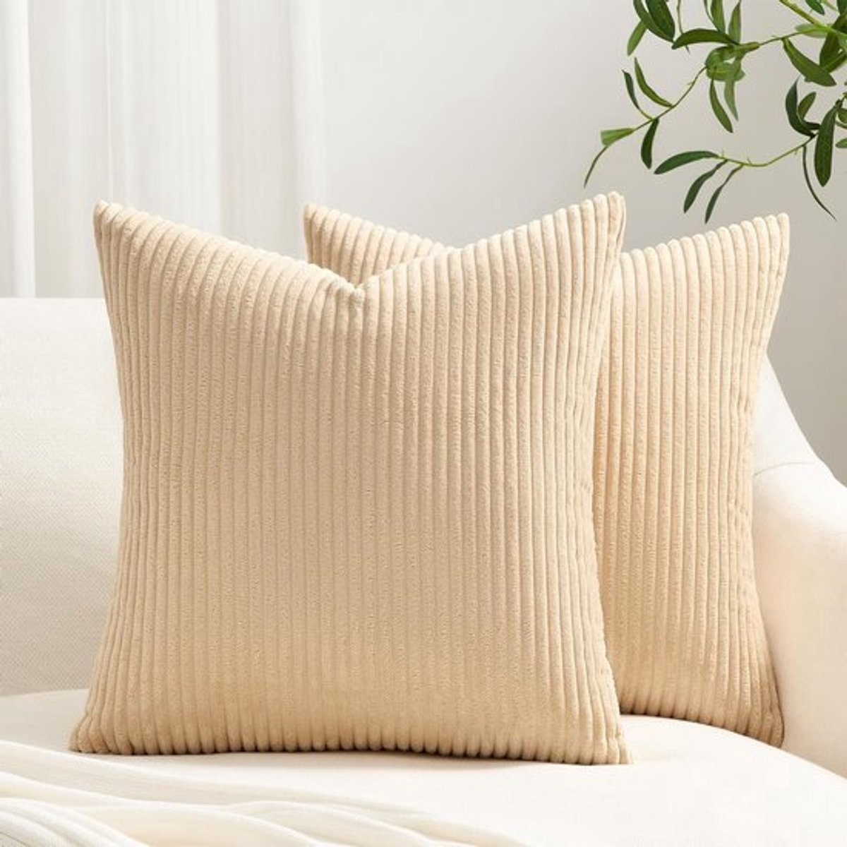 Set van 2 Corduroy Kussenhoezen 50 x 50 cm voor Sofa en Slaapkamer, Zachte Kussenslopen voor Woonkamer en Kantoor, Khaki Kleur
