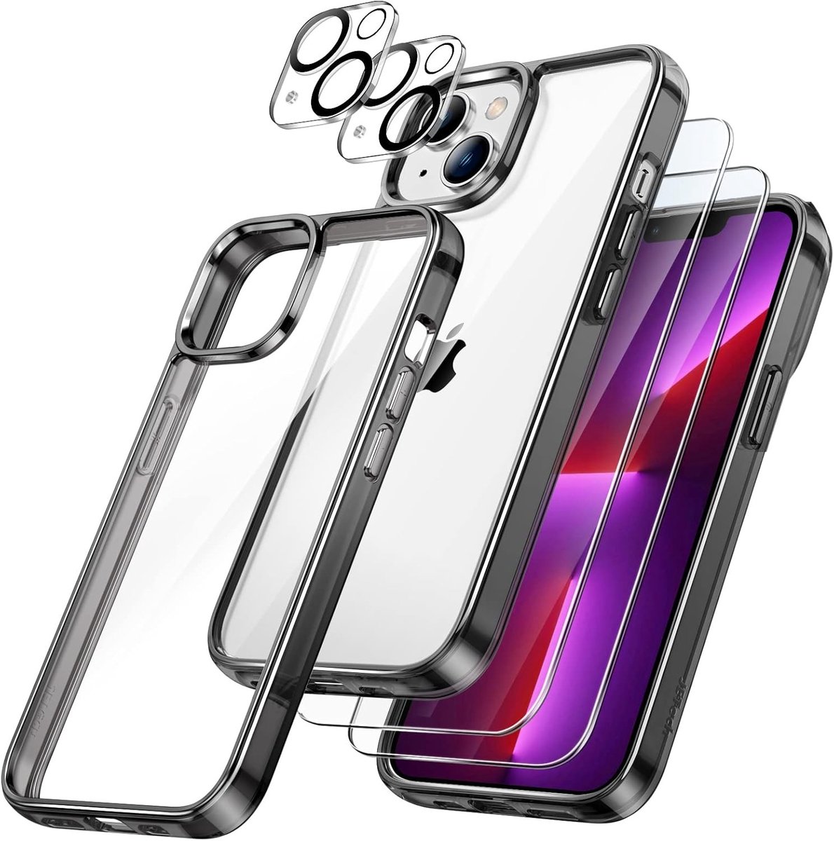 5 in 1 Hoes voor iPhone 13, Schokbestendig, Anti-Geelverkleuring, Inclusief 2 Tempered Glass Screen Protectors en 2 Camera Lens Beschermers