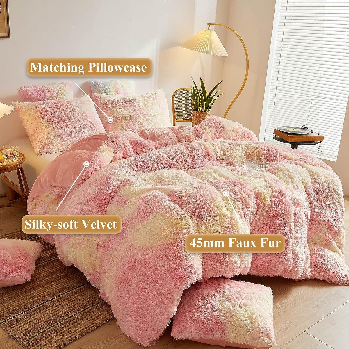 SnelShoppen - Winterbeddengoed Dekbedovertrek 135 x 200 cm Pluche Langhaar Flanel Wollig Roze Geel Warm Dekbedovertrek met Kussensloop 80 x 80 cm Rits