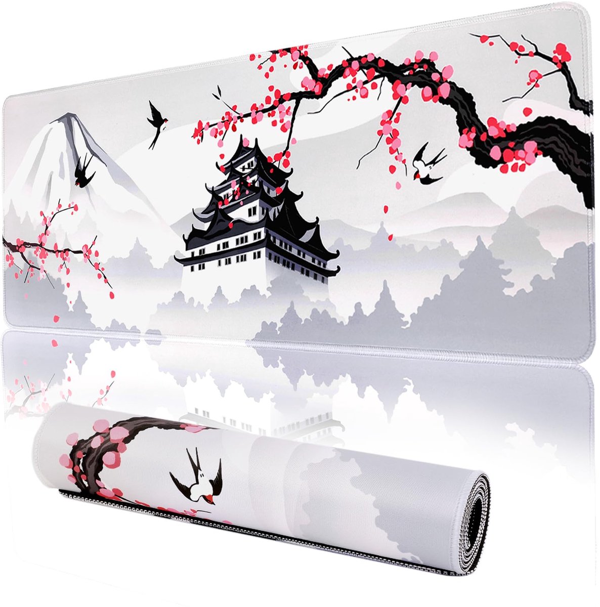 Gaming muismat - Grote Muismat 80 x 30 cm - Chinese Paviljoen - Chinese Inktschildering Bureauonderlegger - XXL Muismat met Antislip Rubberen Onderkant - Waterafstotend en Gestikte Rand - Voor Kantoor, Thuis en Gaming