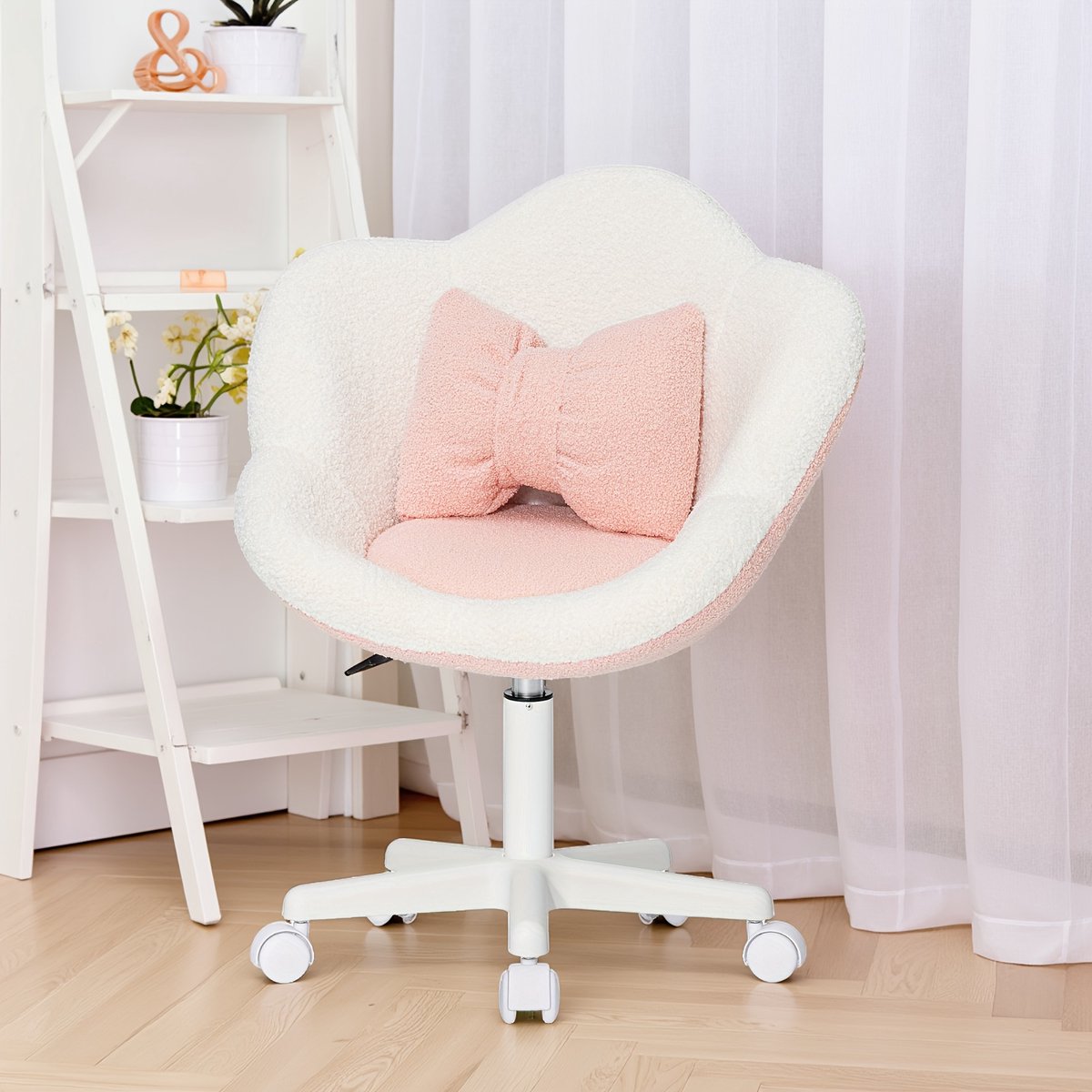 HOFFREE Kinder Bureaustoel Bloemvorm – Verstelbare Draaistoel voor Kinderen – Ergonomische Kinderstoel met Bouclé Bekleding en Lendenkussen – Roze/Wit – foto 2