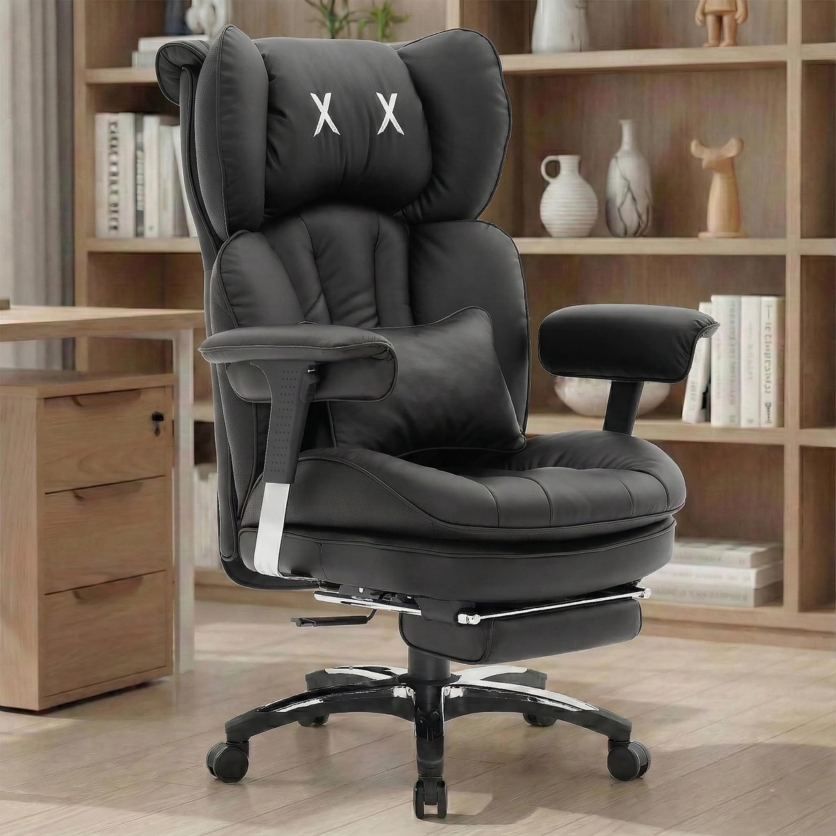 SnelShoppen - Ergonomische Bureaustoel met Voetensteun, Luxe Directiestoel van PU-Leer, Verstelbare Hoogte, Kantelbare Hoge Rugleuning, 360° Draaibare