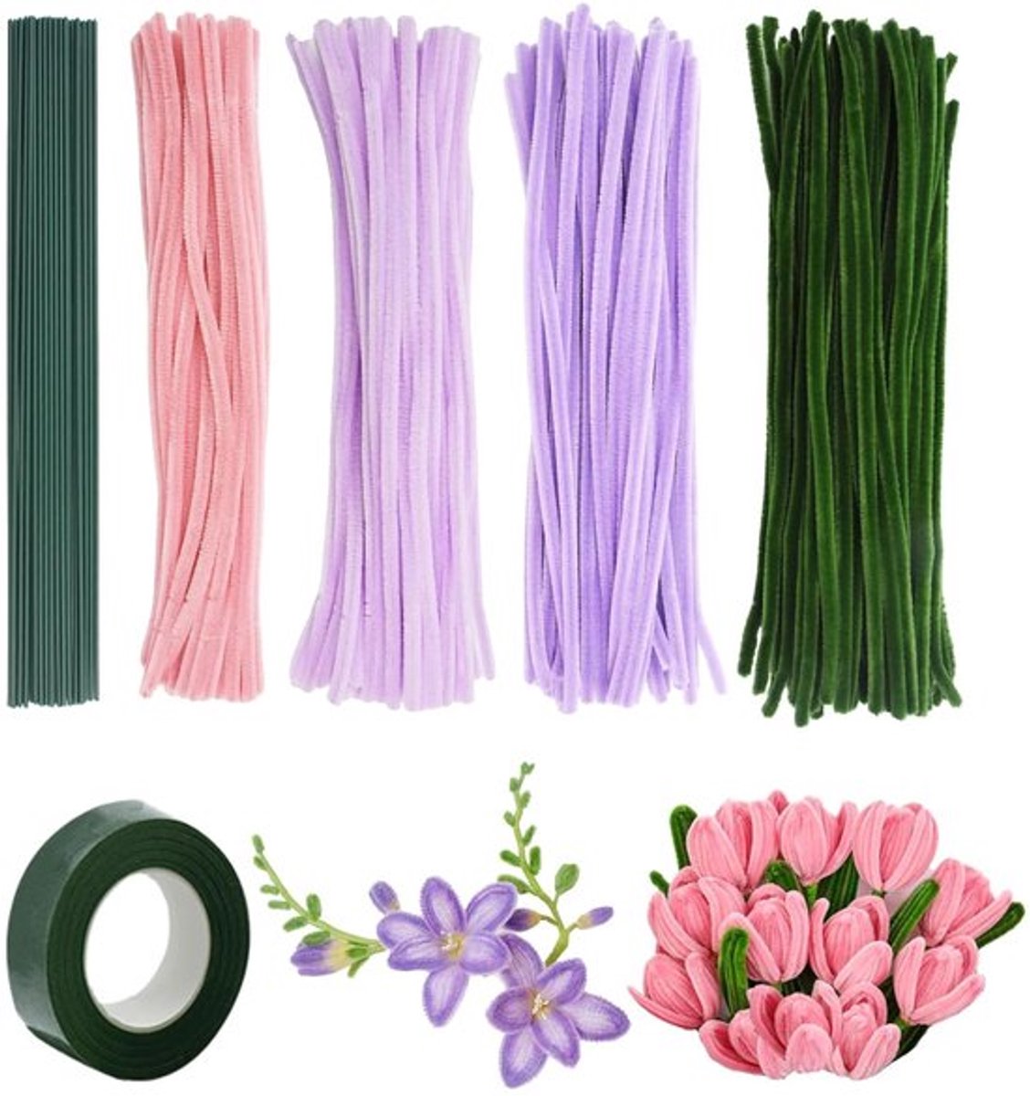 Lange pijpreinigers voor bloemen, 4 kleuren chenillestengels, knutselen boeketten, groene tulpen, roze bulk reiniger.