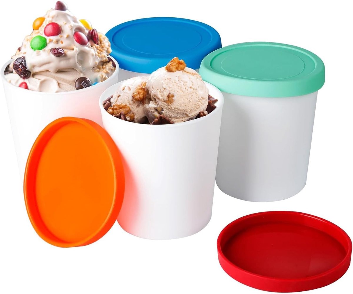 1 liter ijscontainer - 4 ronde opbergcontainers met siliconen deksel voor ijs, sorbet en yoghurt, BPA-vrij en vaatwasserbestendig