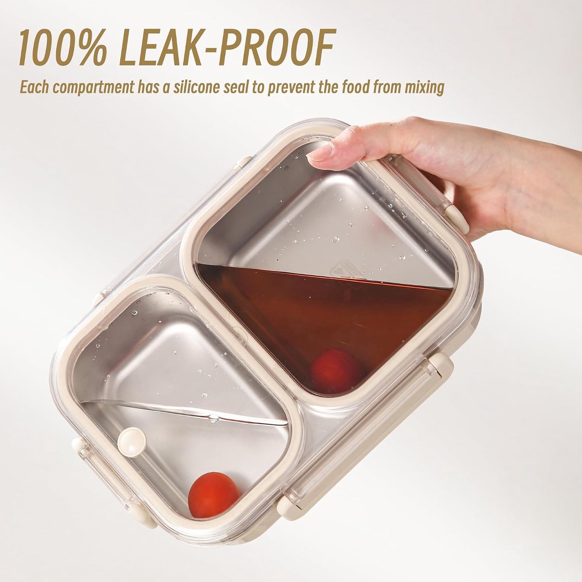 KZQ Roestvrijstalen lunchbox met 2 vakken - Lekvrij en 30,5 oz inhoud - Perfect voor volwassenen en onderweg - Beige