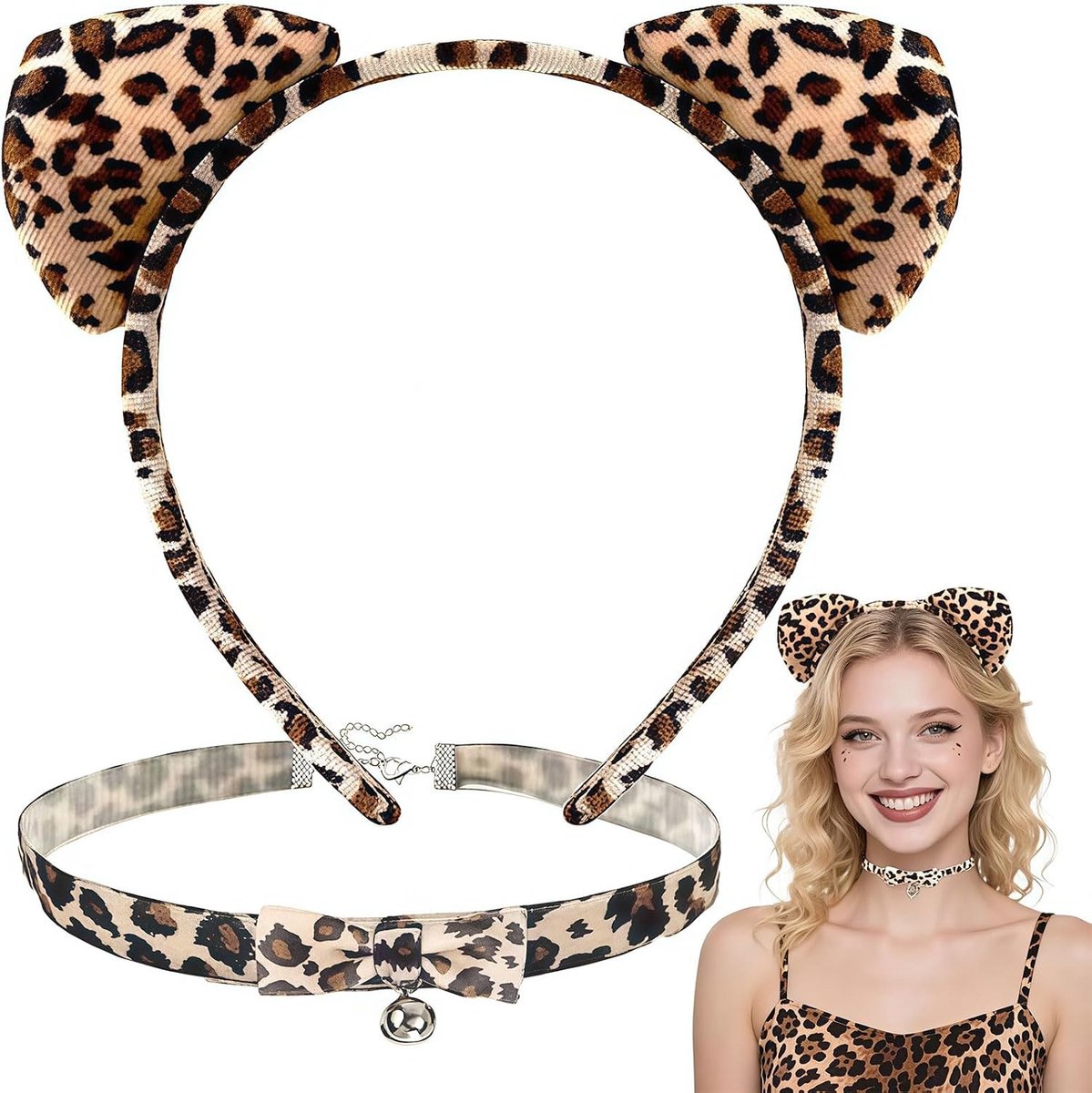 Leopard Oren Haarband en Fluwelen Choker Ketting voor Cheetah Kostuums voor Vrouwen, Perfect voor Halloween en Carnaval, Cosplay Accessoires