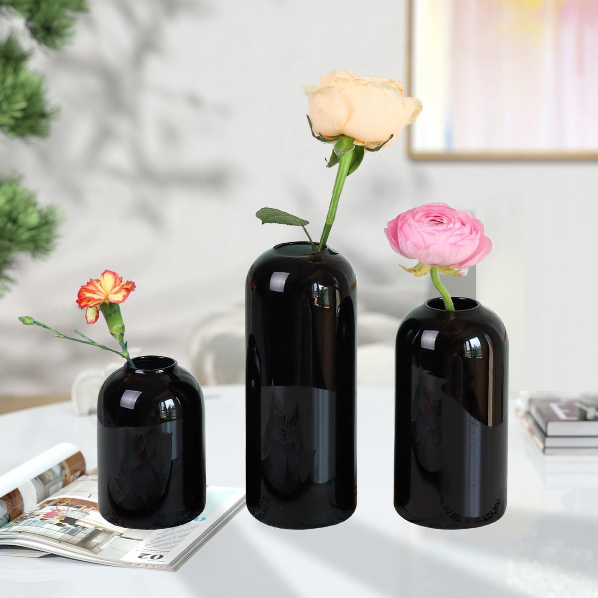 SnelShoppen - Glazen Knopvazen voor Bloemen - Kleine Decoratieve Vazen - Set van 3 Stuks - Zwart Glas voor Woonkamer Eettafel Bruiloft Feest Evenement