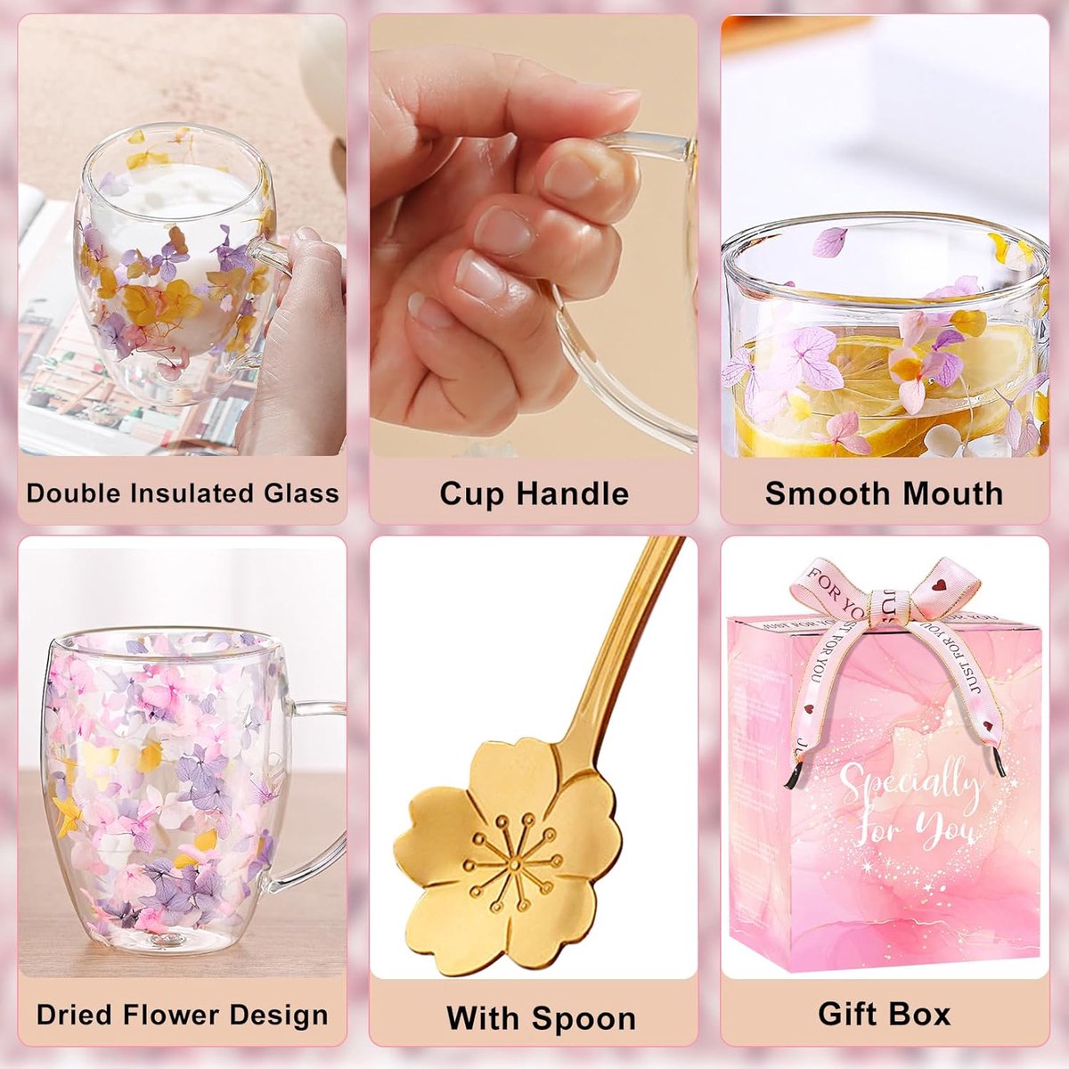 Dubbelwandige glazen koffiemokken, esthetische gedroogde bloemen kopjes met handgrepen, espressokopjes voor cappuccino koffie thee melk, geïsoleerde hittebestendige glazen mok — cadeau in Koken & Dineren - foto 3