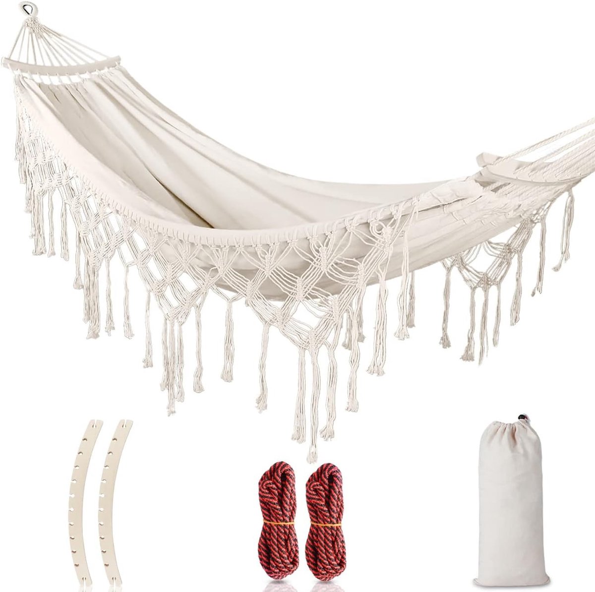 Hammock 285 x 155 cm met Spreidstangen, Duurzame Buitenhanger van Canvas, Stevige Metalen Knoop, Tot 250 kg Draagvermogen voor Tuin en Camping