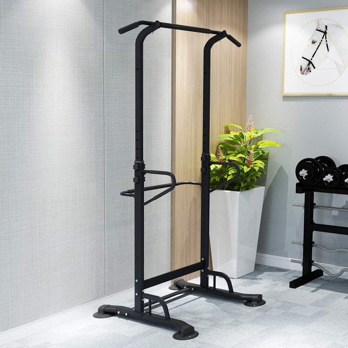 SnelShoppen - Krachttoren met Dip Station, Multifunctionele Power Tower voor Krachttraining, In Hoogte Verstelbaar van 190-230 cm, Duurzaam Materiaal,